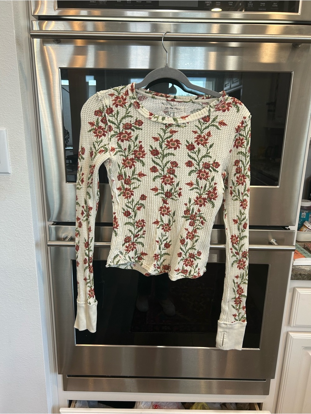 We The Free Ivory Long-Sleeve Thermal Top with Red Rose Print